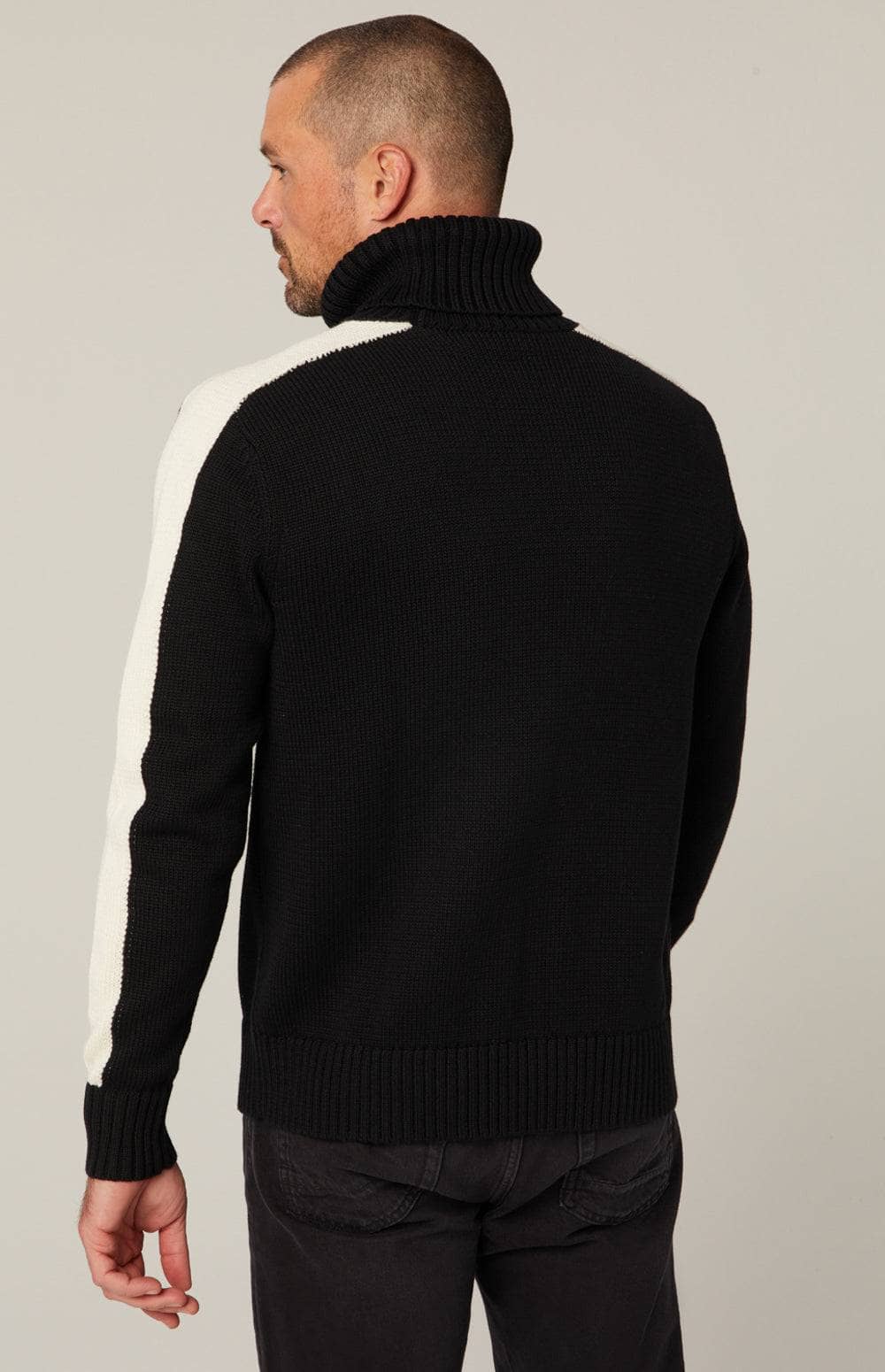 Elias Turtle Neck Sweater by Alp N Rock, Men's Black Turtle Neck Sweater With White Stripes on Arm and Cross on Front