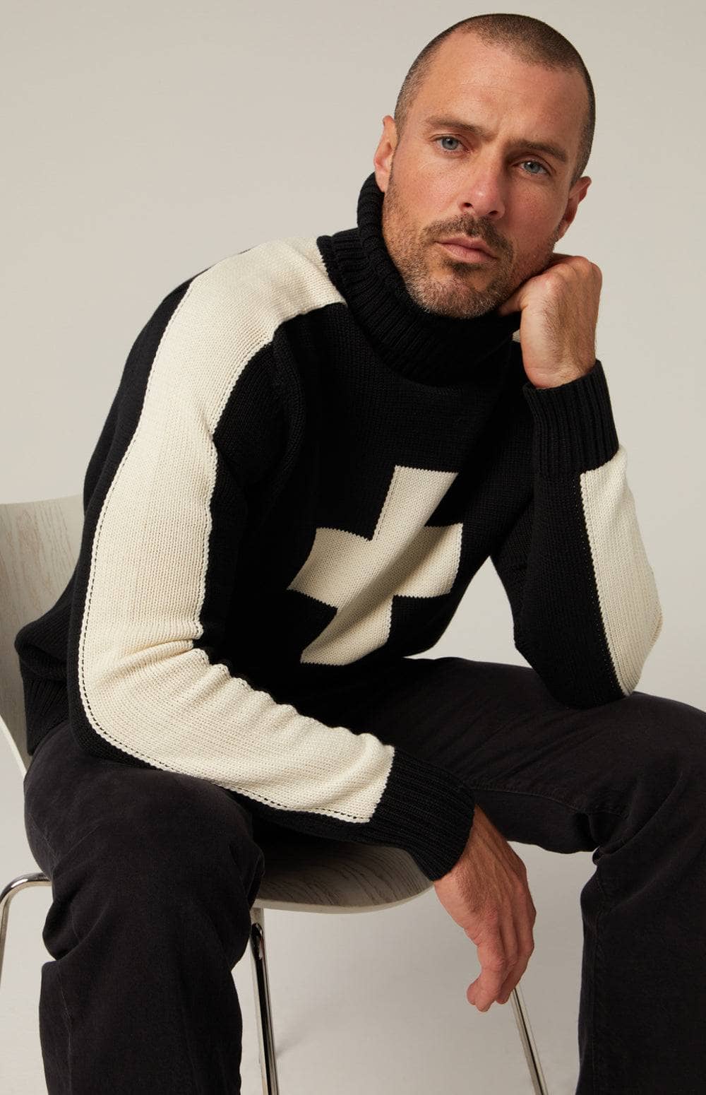 Elias Turtle Neck Sweater by Alp N Rock, Men's Black Turtle Neck Sweater With White Stripes on Arm and Cross on Front