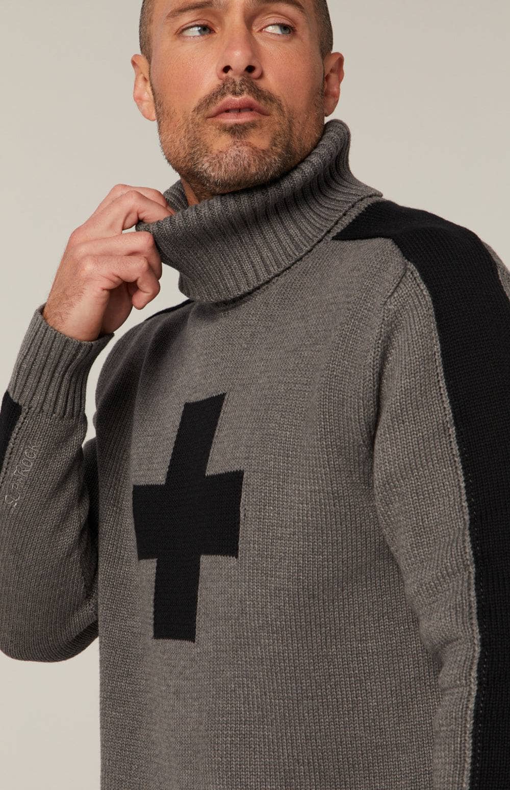 Elias Turtle Neck Sweater by Alp N Rock, Men's Grey Turtle Neck Sweater with Black Cross and Gray Stripes on Arms