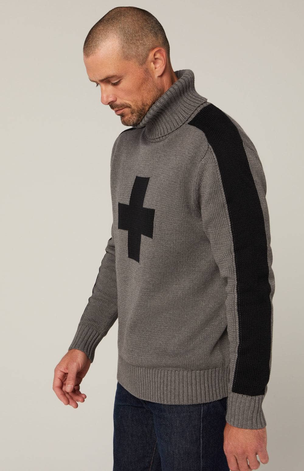 Elias Turtle Neck Sweater by Alp N Rock, Men's Grey Turtle Neck Sweater with Black Cross and Gray Stripes on Arms