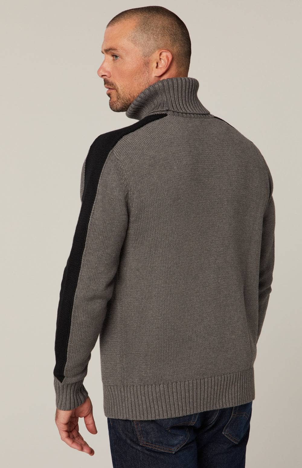 Elias Turtle Neck Sweater by Alp N Rock, Men's Grey Turtle Neck Sweater with Black Cross and Gray Stripes on Arms