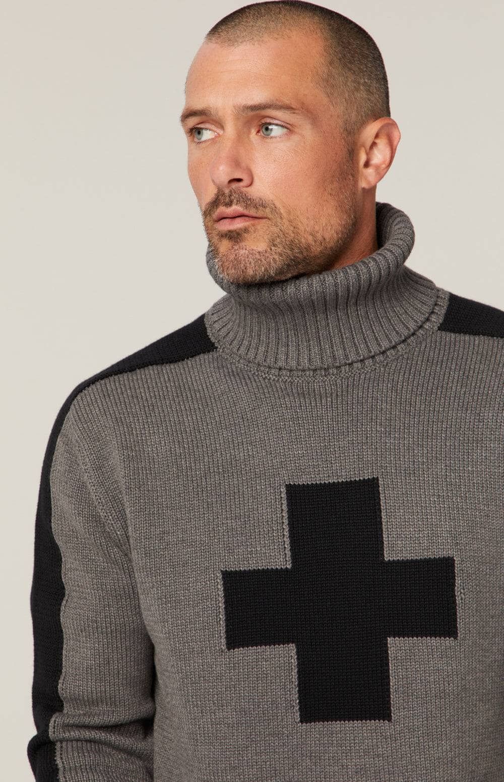 Elias Turtle Neck Sweater by Alp N Rock, Men's Grey Turtle Neck Sweater with Black Cross and Gray Stripes on Arms