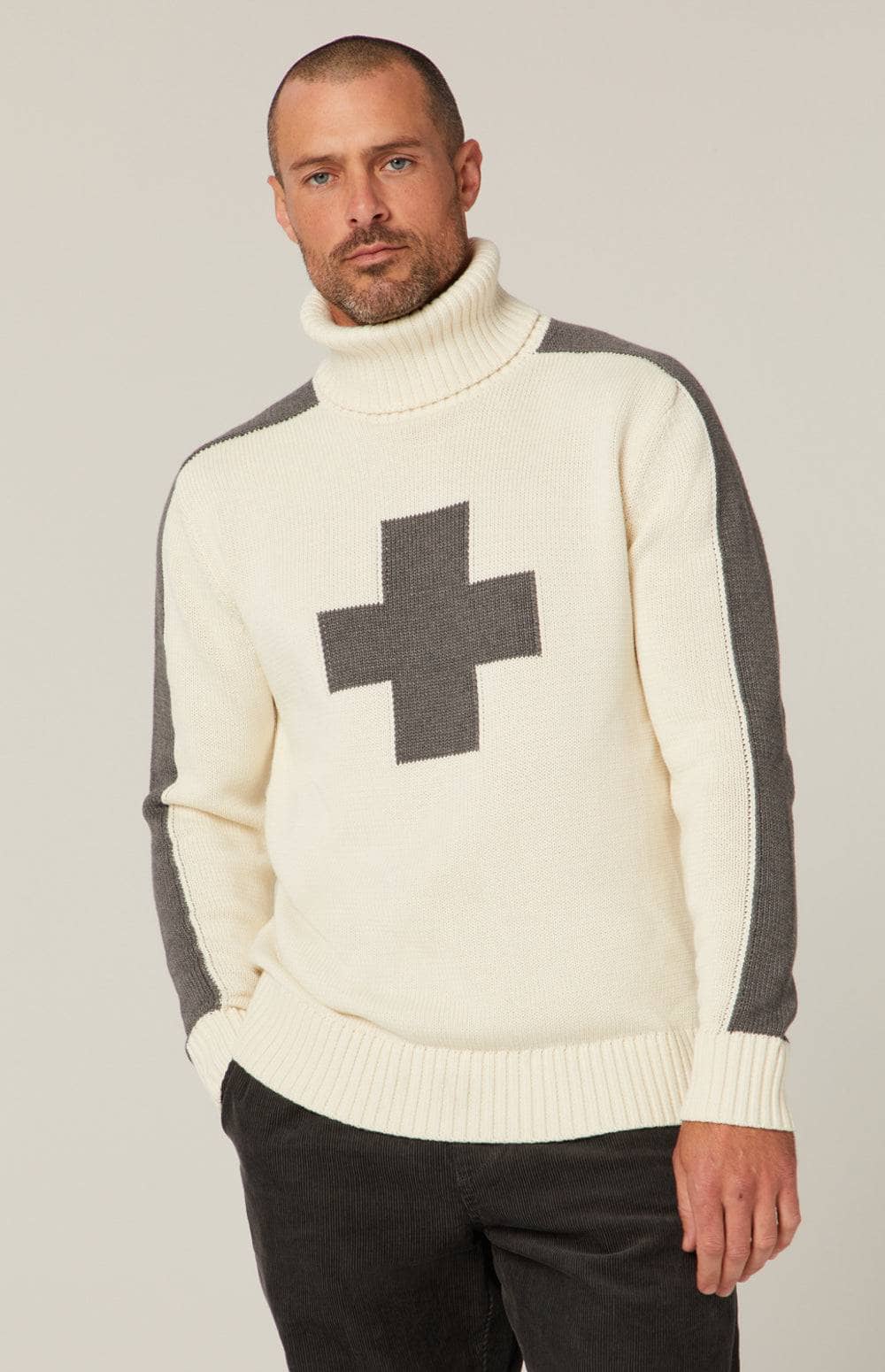 Elias Turtle Neck Sweater by Alp N Rock, Men's Ivory Turtle Neck Sweater with Grey Cross and Gray Stripes on Arms