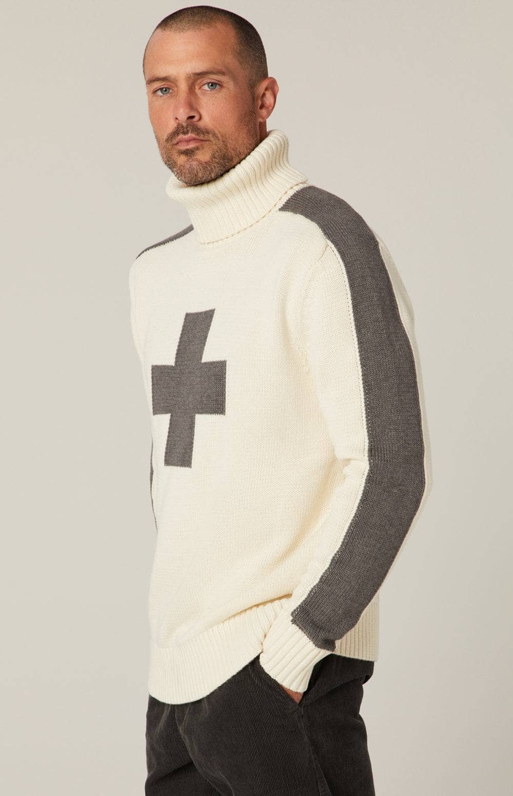 Elias Turtle Neck Sweater by Alp N Rock, Men's Ivory Turtle Neck Sweater with Grey Cross and Gray Stripes on Arms