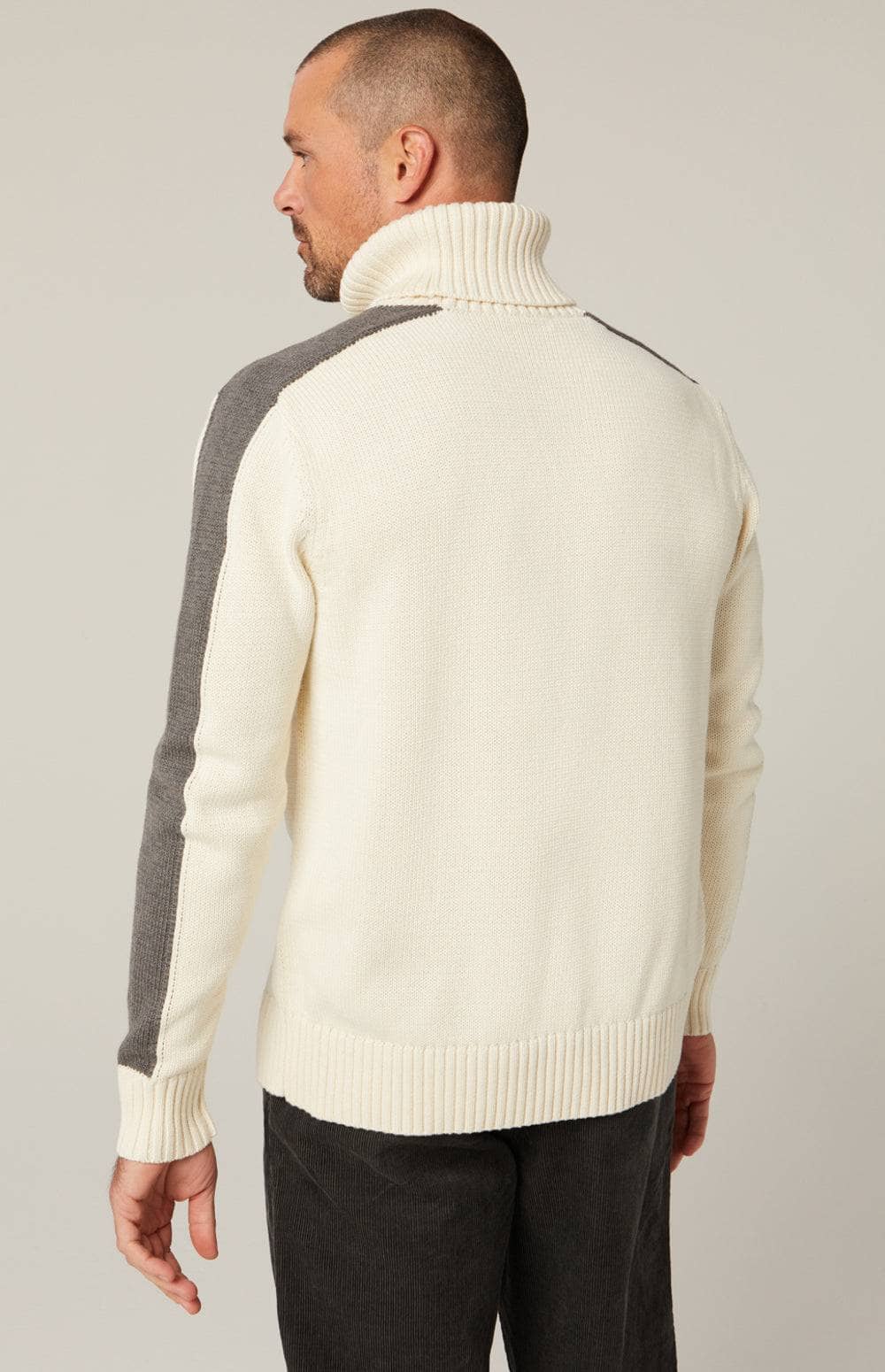 Elias Turtle Neck Sweater by Alp N Rock, Men's Ivory Turtle Neck Sweater with Grey Cross and Gray Stripes on Arms