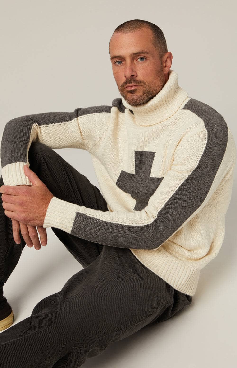 Elias Turtle Neck Sweater by Alp N Rock, Men's Ivory Turtle Neck Sweater with Grey Cross and Gray Stripes on Arms