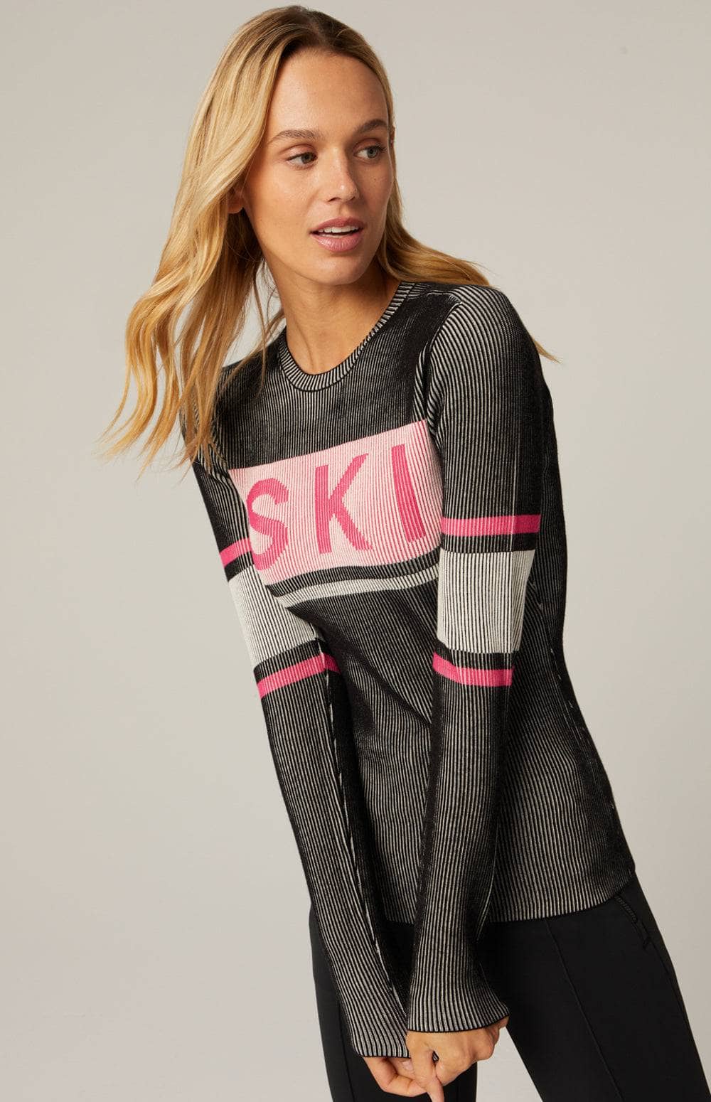 Faye Crew Neck Sweater by Alp N Rock, Black and Pink Women's Ski Sweater With Ski On The Front