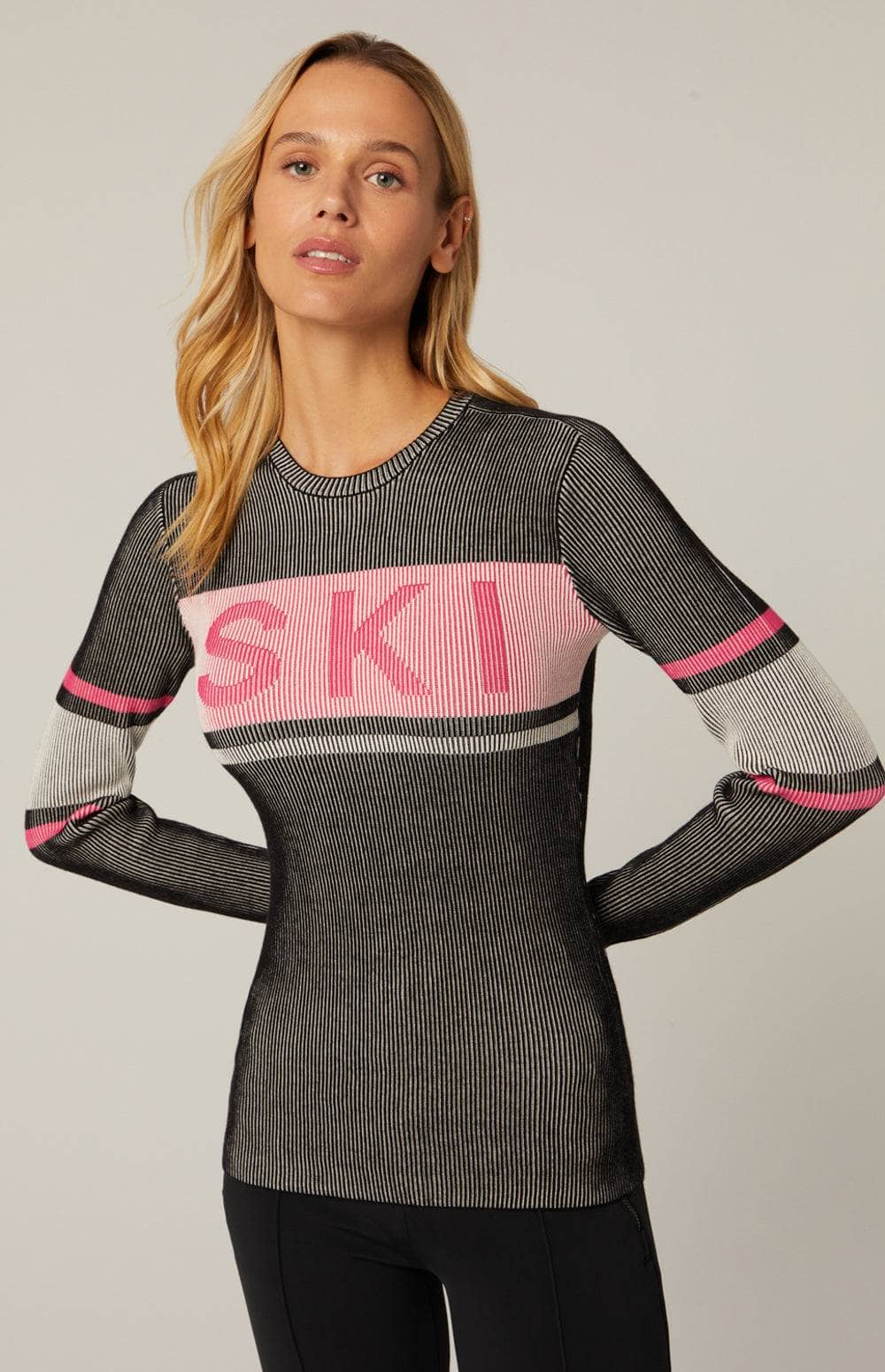 Faye Crew Neck Sweater by Alp N Rock, Black and Pink Women's Ski Sweater With Ski On The Front