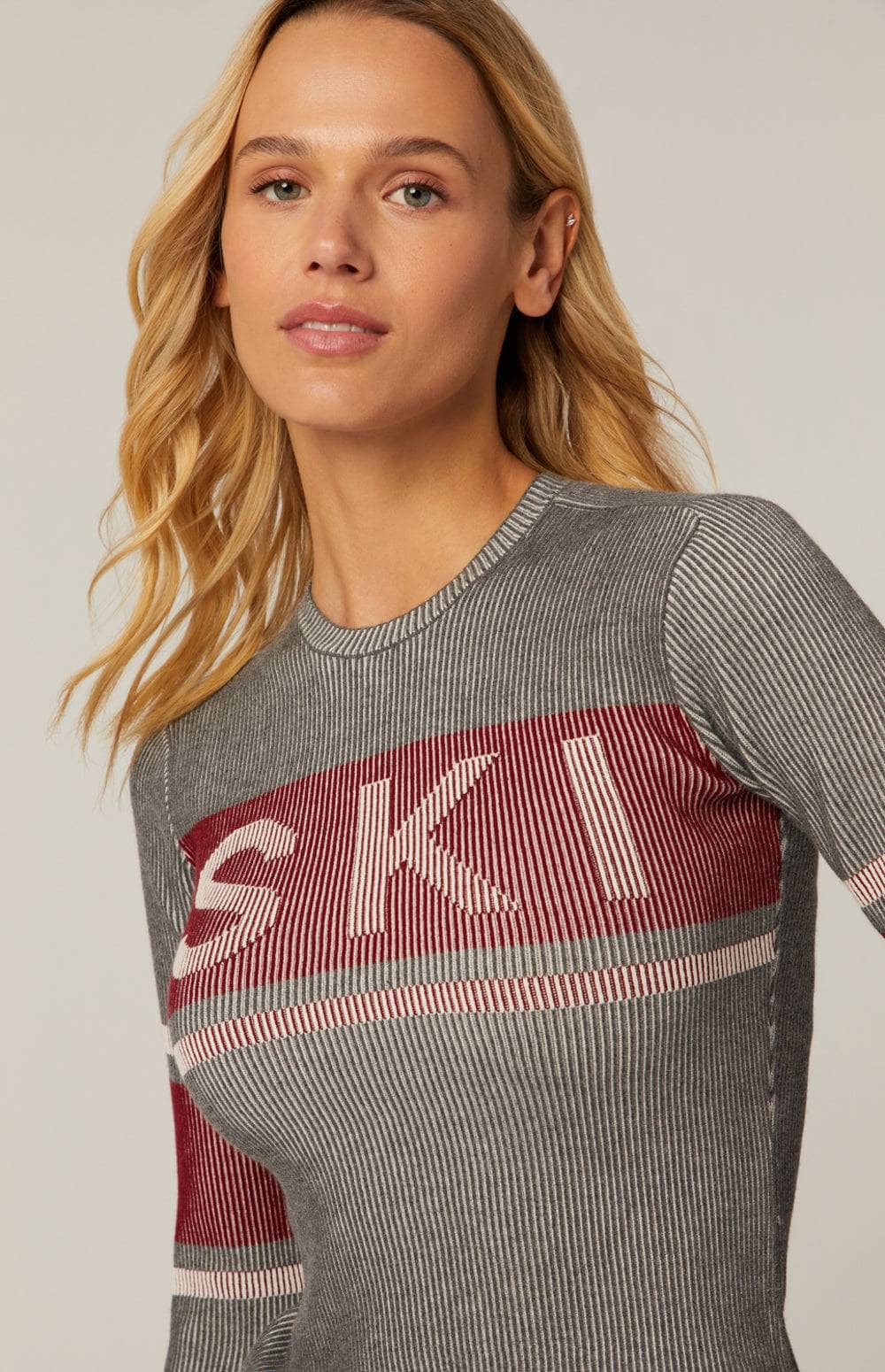 Faye Crew Neck Sweater by Alp N Rock, Women's Grey Ski Sweater with Red Ski Lettering Across the Chest