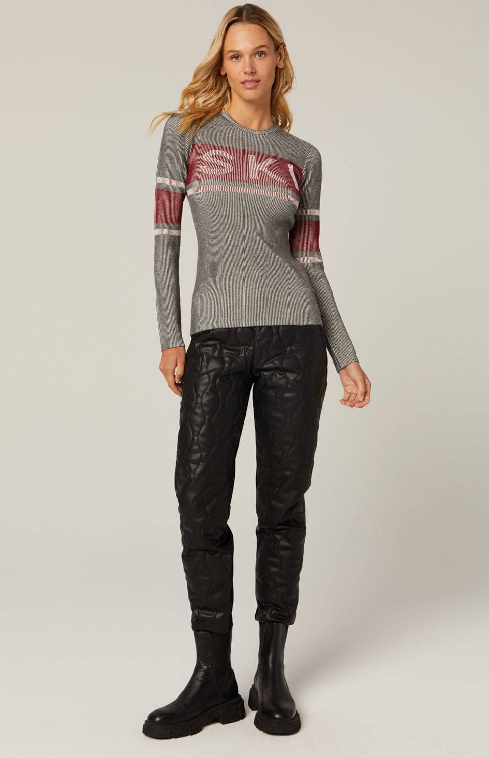 Faye Crew Neck Sweater by Alp N Rock, Women's Grey Ski Sweater with Red Ski Lettering Across the Chest