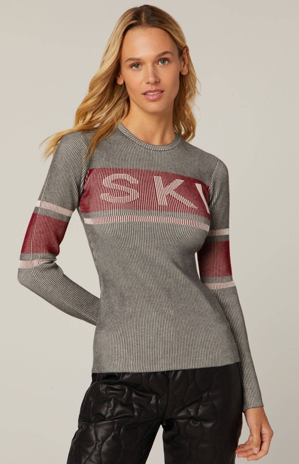 Faye Crew Neck Sweater by Alp N Rock, Women's Grey Ski Sweater with Red Ski Lettering Across the Chest