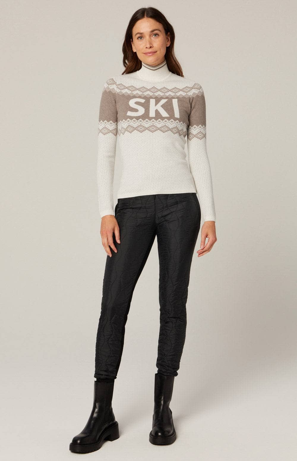 Goldie Mock Neck Sweater by Alp N Rock, Women's Ivory Ski Sweater with Fair Isle Designa and Ski Lettering on Chest