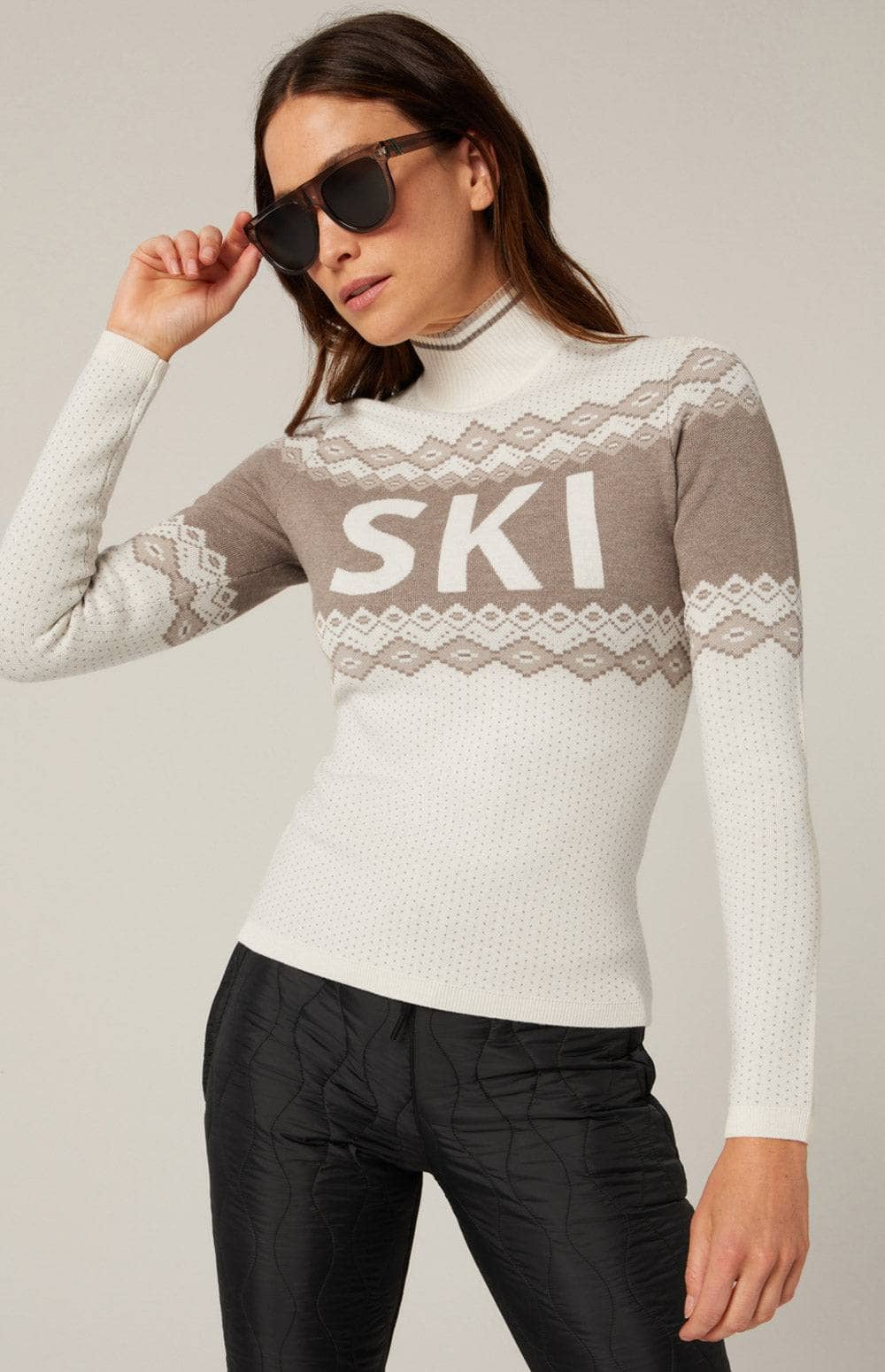 Goldie Mock Neck Sweater by Alp N Rock, Women's Ivory Ski Sweater with Fair Isle Designa and Ski Lettering on Chest