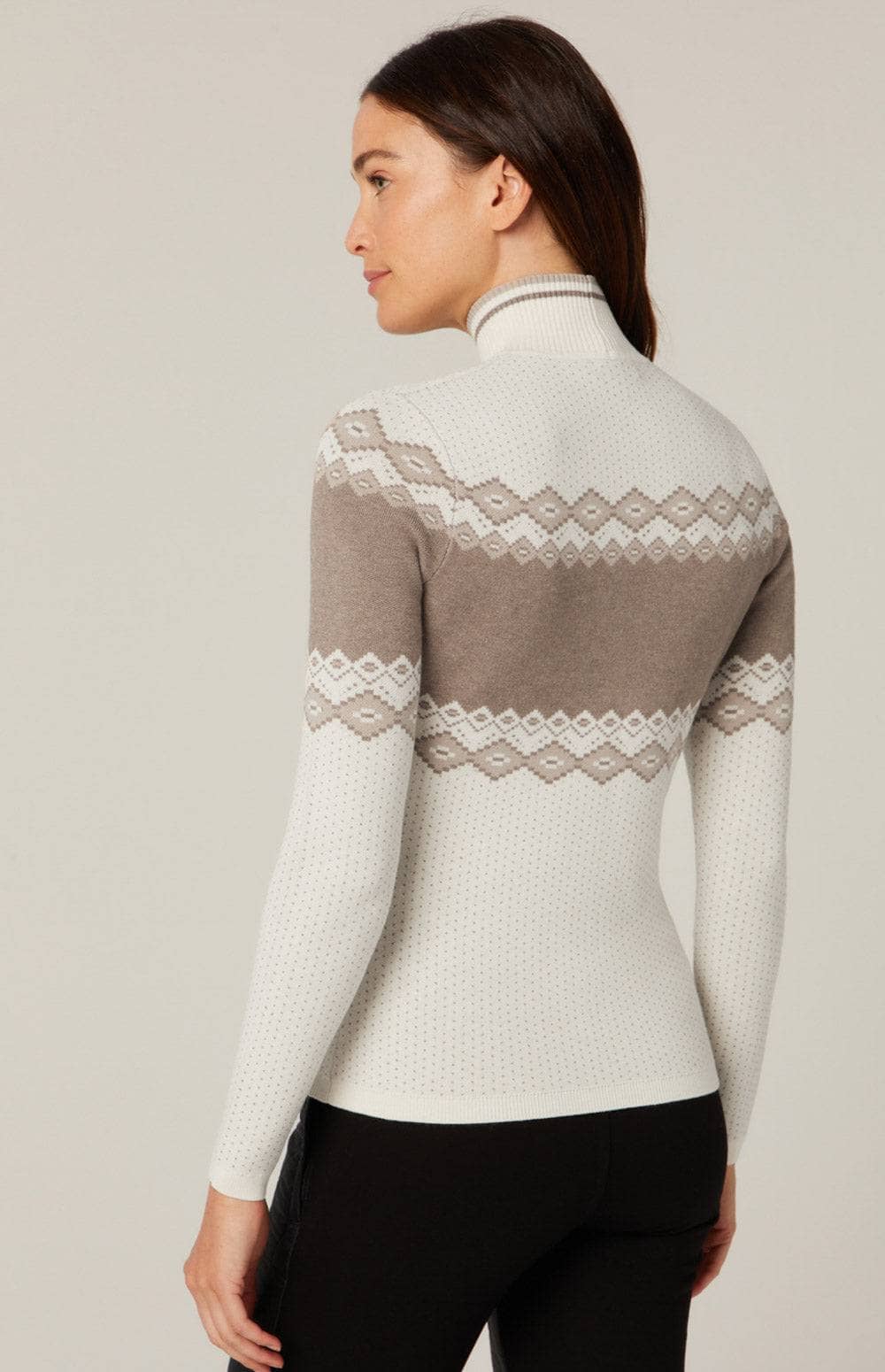 Goldie Mock Neck Sweater by Alp N Rock, Women's Ivory Ski Sweater with Fair Isle Designa and Ski Lettering on Chest