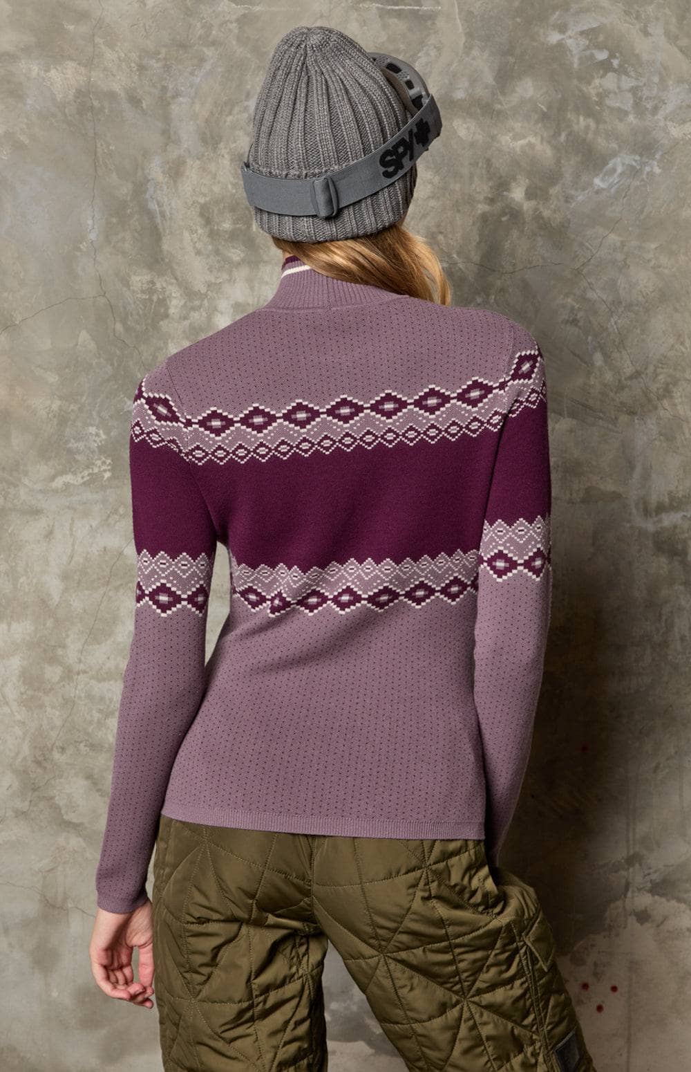 Goldie Mock Neck Sweater by Alp N Rock, Women's Mauve Cotton Ski Sweater With Ski On the Front