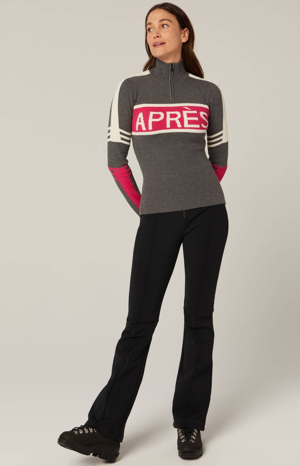 Kate 1/2 Zip Apres Ski Sweater by Alp N Rock, Heather Grey Women's Sweater With Stripes and Slim Silhouette