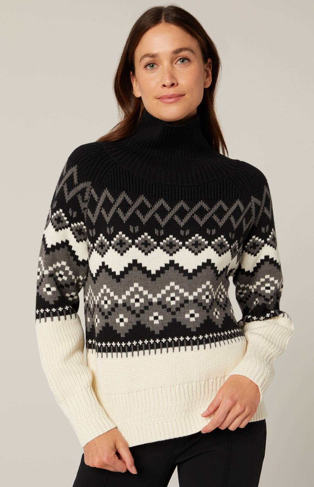 Leighton Sweater by Alp N Rock, Women's Black Ski Sweater With Mock Neck and Fair Isle Pattern