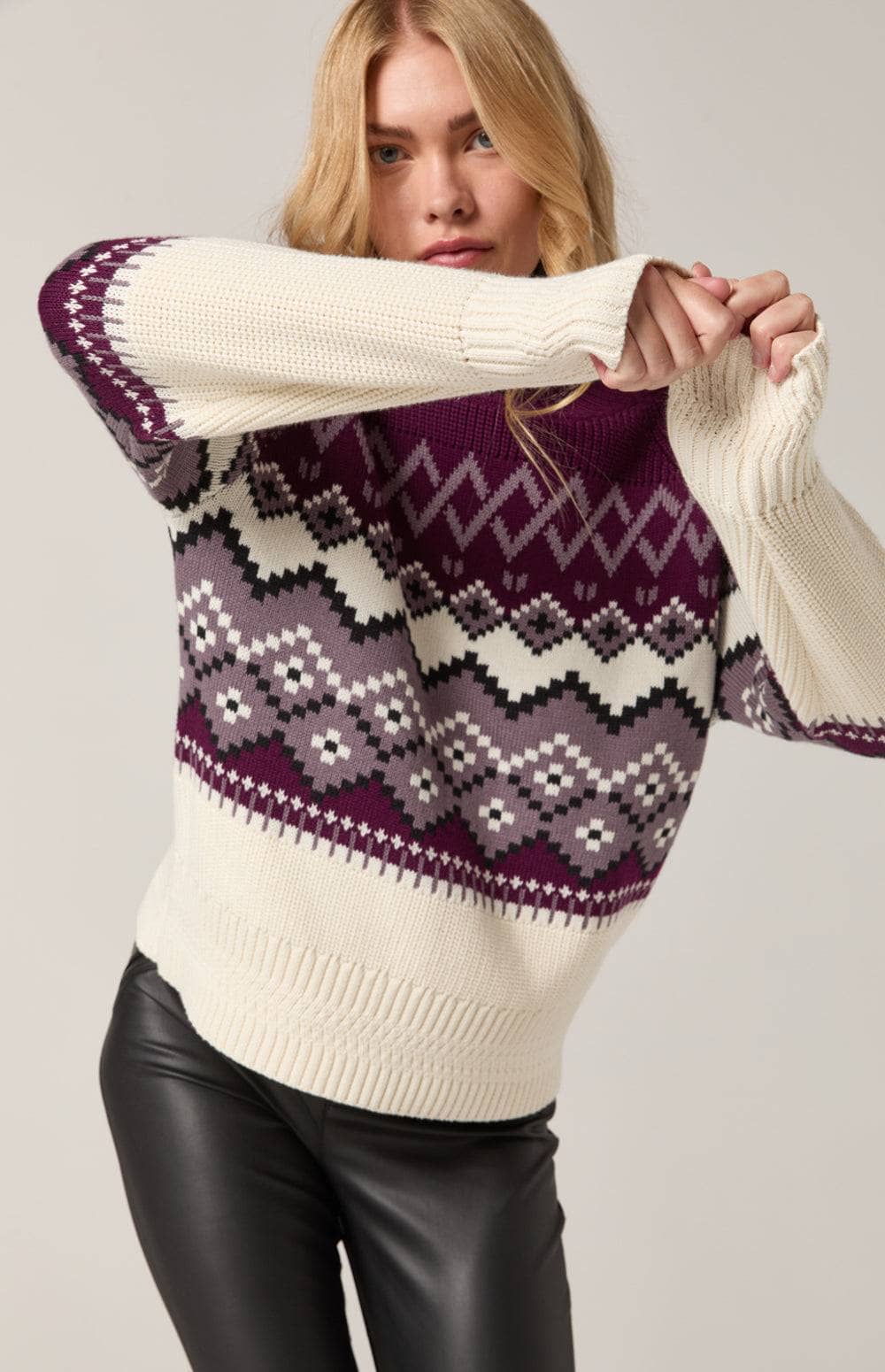 Leighton Mockneck Sweater by Alp N Rock, Women's Purple Knit Sweater With a Fair Isle Like Design