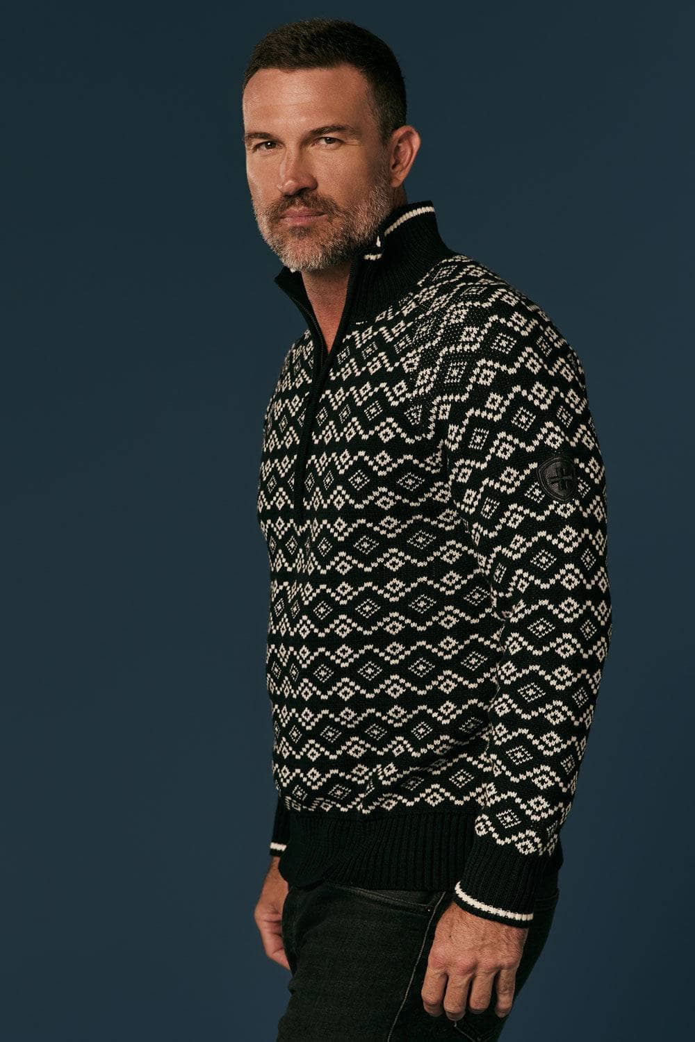 Leo Fairisle 1/2 Zip Sweater by Alp N Rock, Men's Black Sweater With Diamond Pattern and Zipper At Neck