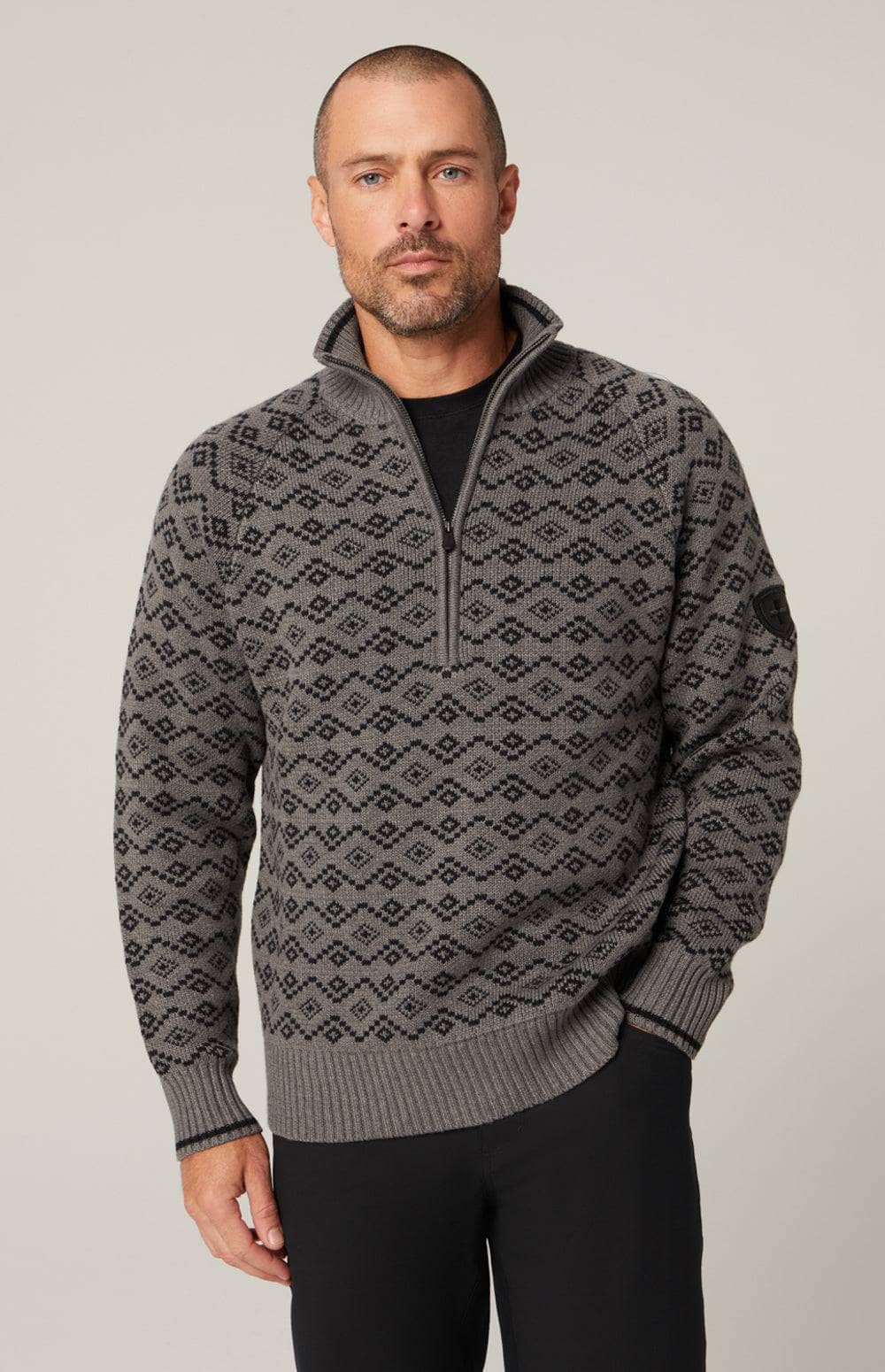 Leo Fairisle 1/2 Zip Sweater by Alp N Rock, Men's Heather Grey Sweater With Diamond Pattern and Zipper At Neck