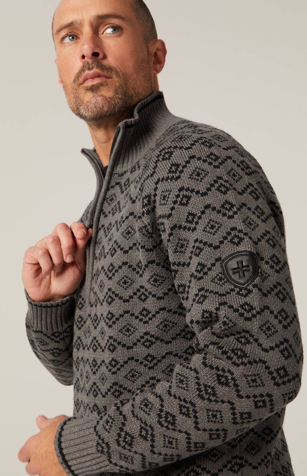 Leo Fairisle 1/2 Zip Sweater by Alp N Rock, Men's Heather Grey Sweater With Diamond Pattern and Zipper At Neck