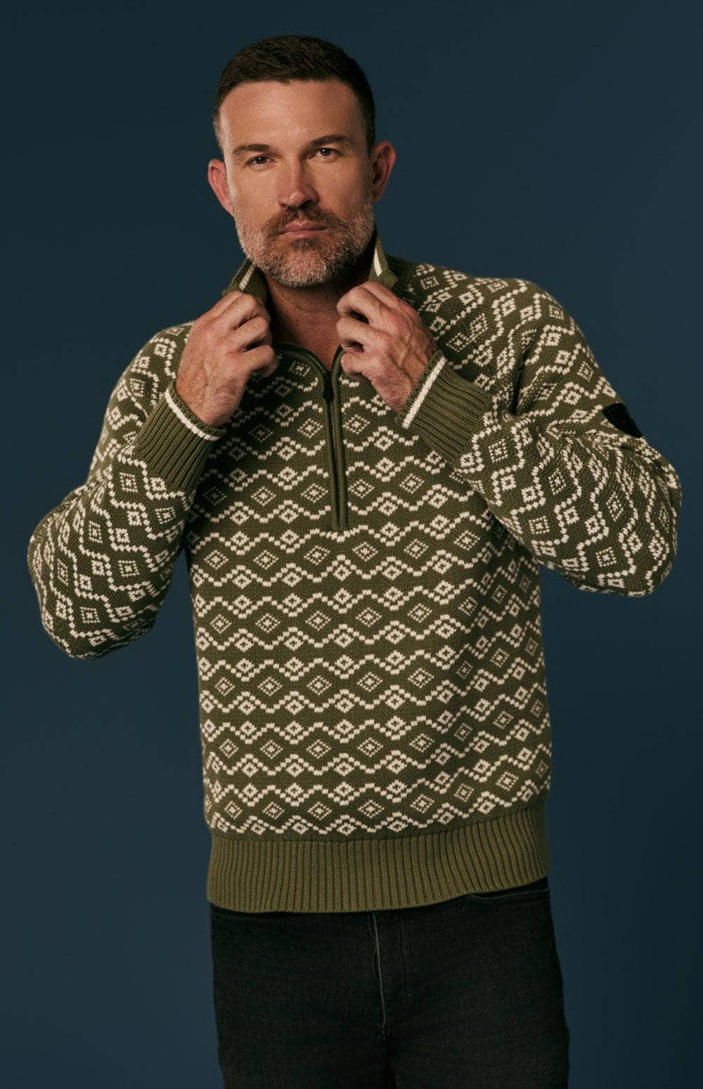 Leo Fair Isle 1/2 Zip Sweater by Alp N Rock, Men's Green Ski Sweater With Ivory Pattern