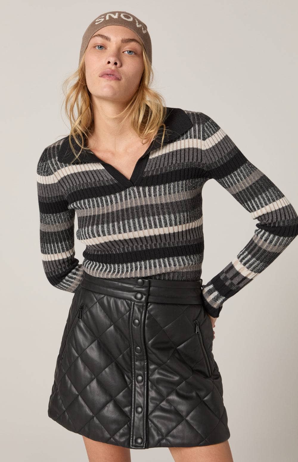 Luisa Polo Sweater by Alp N Rock, Women's Striped Polo Sweater with Beige, Ivory and Black Stripes and Collar