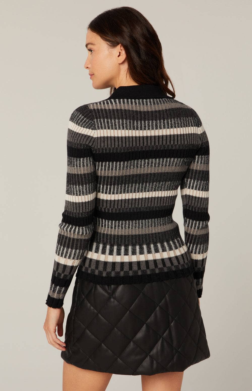 Luisa Polo Sweater by Alp N Rock, Women's Striped Polo Sweater with Beige, Ivory and Black Stripes and Collar