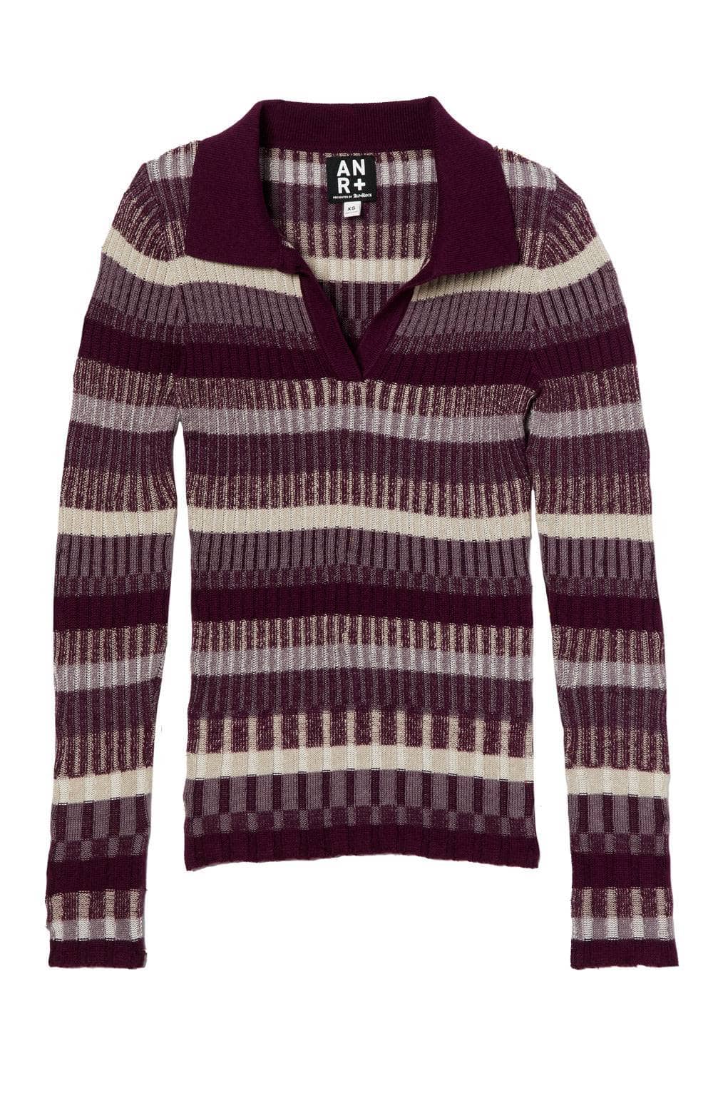 Luisa Polo Sweater by Alp N Rock, Women's Striped Polo Sweater with Cream and Purple Tonal Stripes and Collar