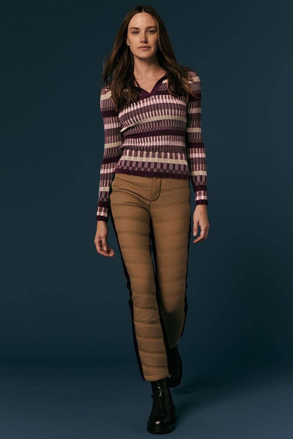 Luisa Polo Sweater by Alp N Rock, Women's Long Sleeve Ribbed Sweater with Light and Dark Purple Stripes