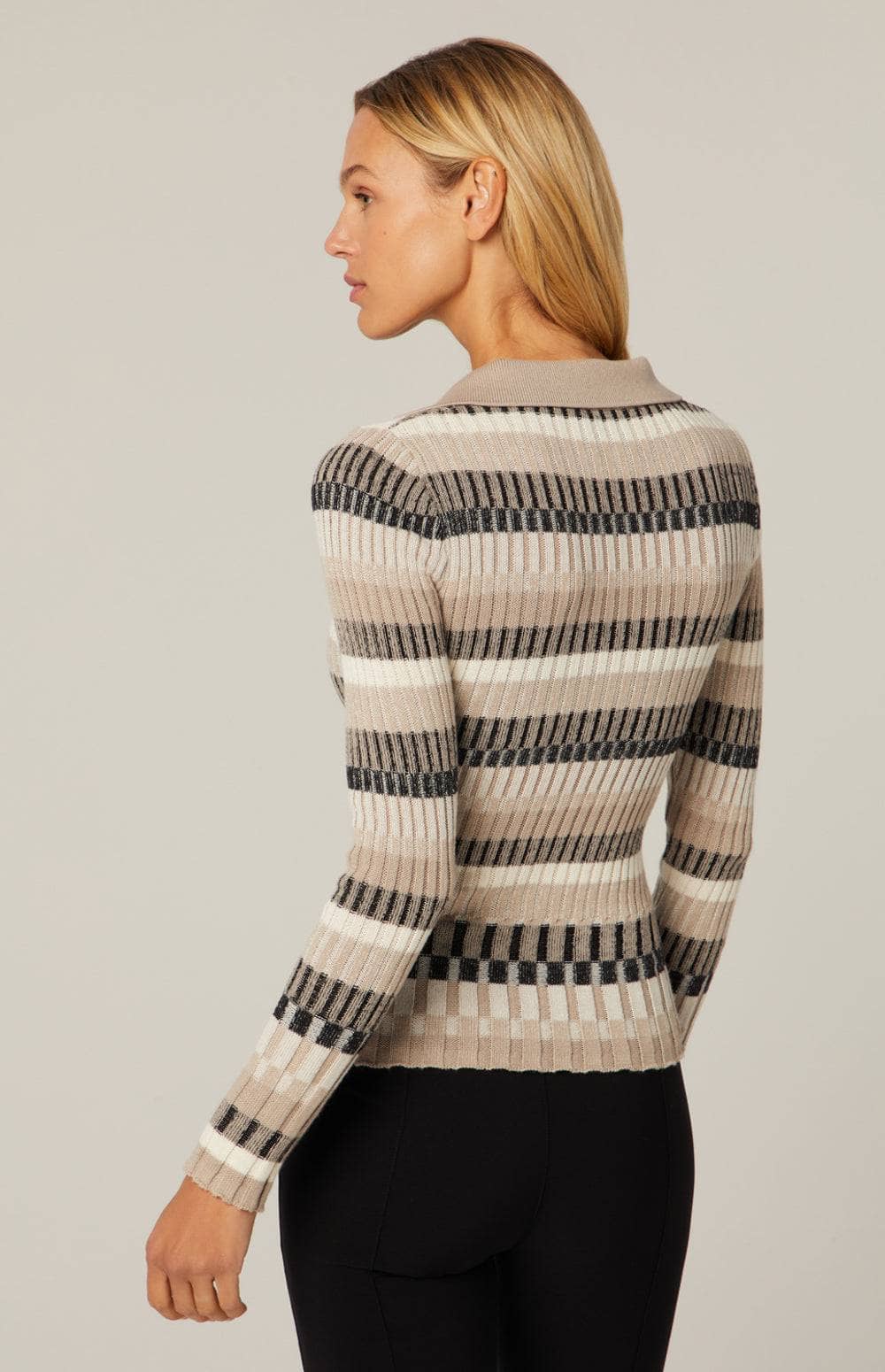 Luisa Polo Sweater by Alp N Rock, Women's Striped Polo Sweater with Beige, Black, and Ivory Stripes and Collar