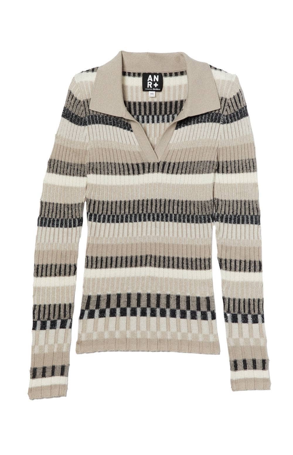 Luisa Polo Sweater by Alp N Rock, Women's Striped Polo Sweater with Beige, Black, and Ivory Stripes and Collar