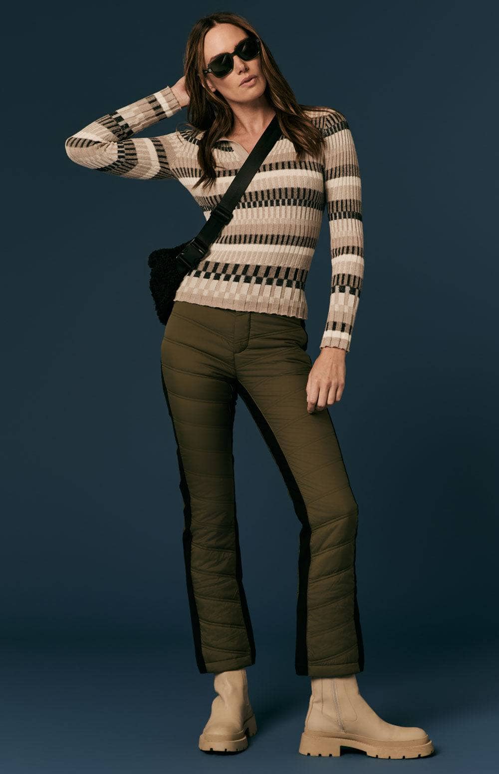 Luisa Polo Sweater by Alp N Rock, Women's Knit Polo Sweater With Beige and Black Stripes