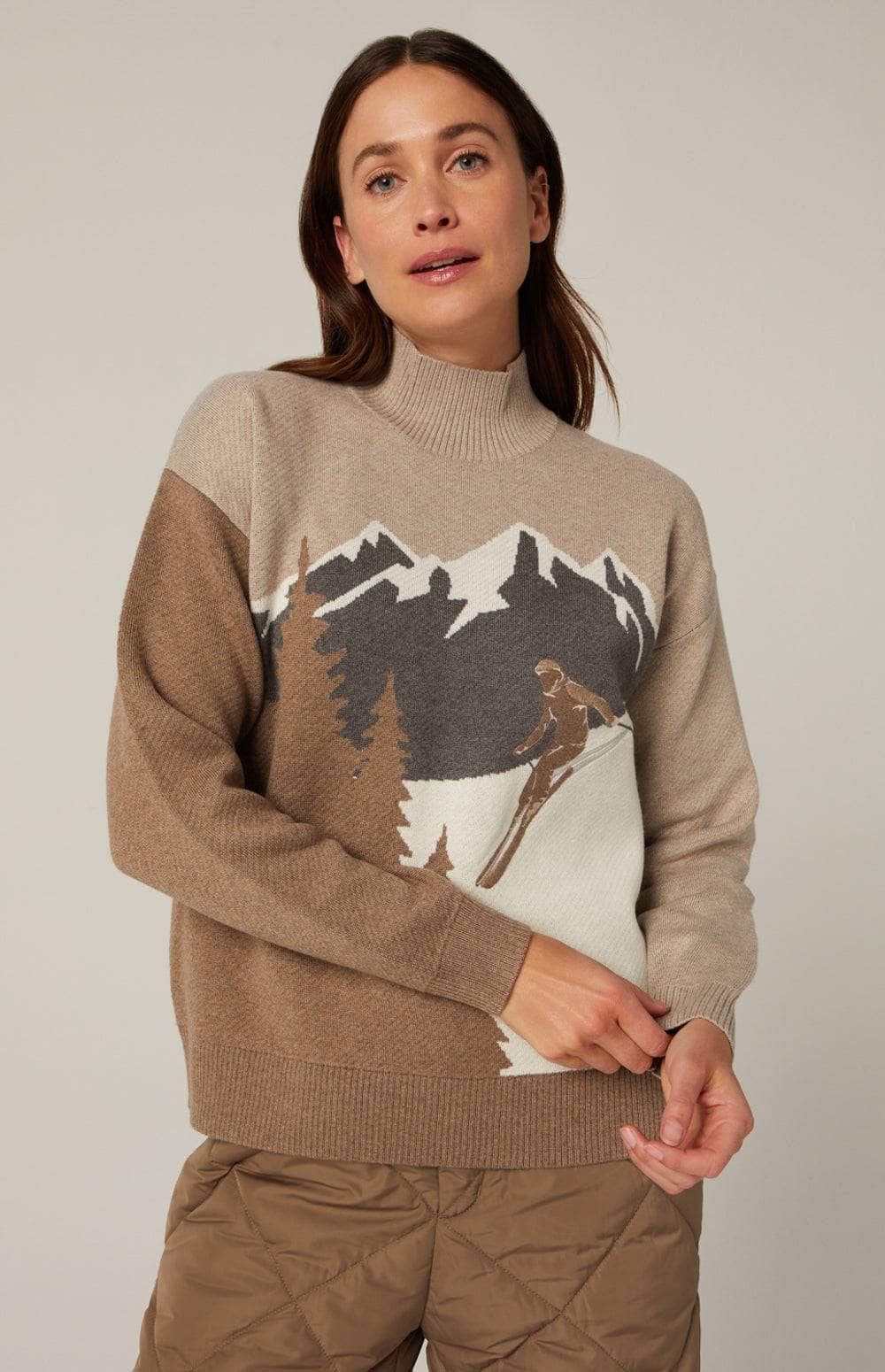 Portia Mock Neck Sweater by Alp N Rock, Women's Mock Neck Ski Sweater in Heather Stone With Mountainscape Design