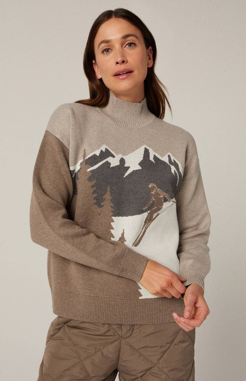 Portia Mock Neck Sweater by Alp N Rock, Women's Soft Beige Ski Sweater with Ski Scene on Front