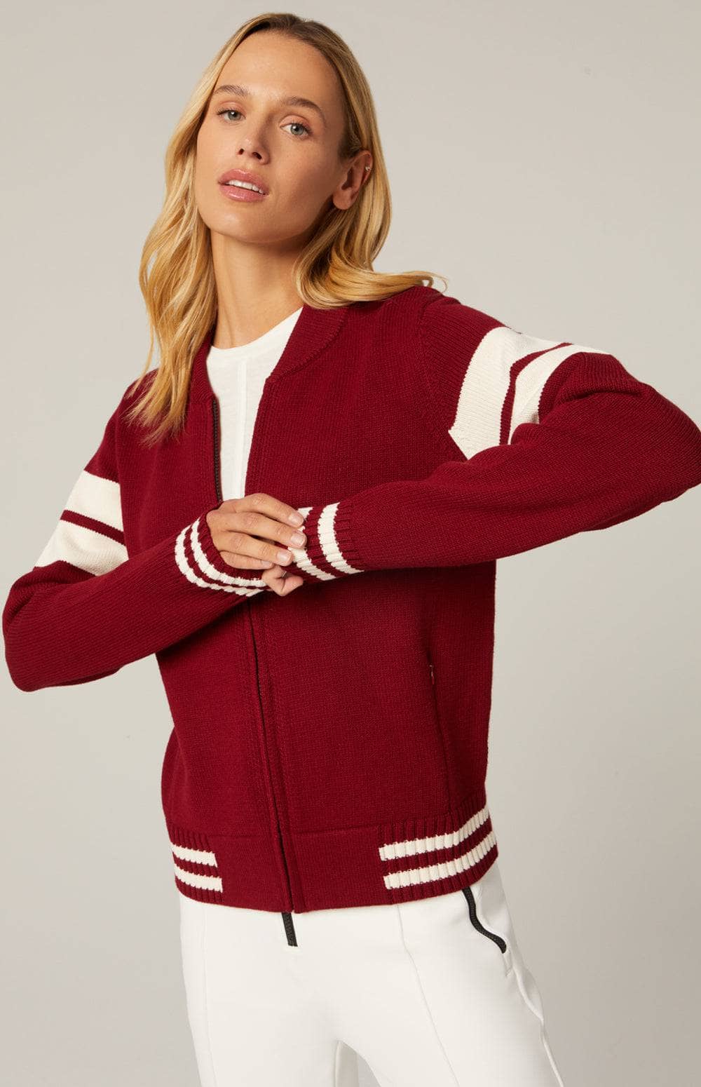 Rory Full Zip Cardigan by Alp N Rock, Women's Red Ski Zip Cardigan With Cream Stripes, Ski Applique on Back