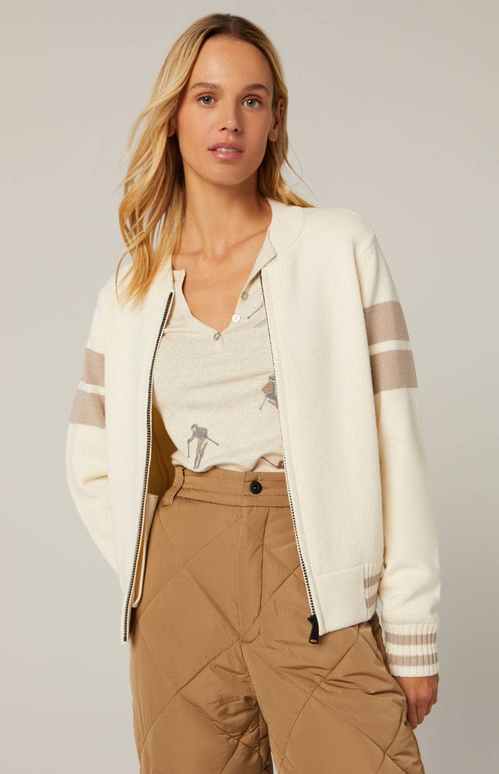 Rory Full Zip Cardigan by Alp N Rock, Women's Ivory Ski Zip Cardigan With Beige Stripes, Ski Applique on Back