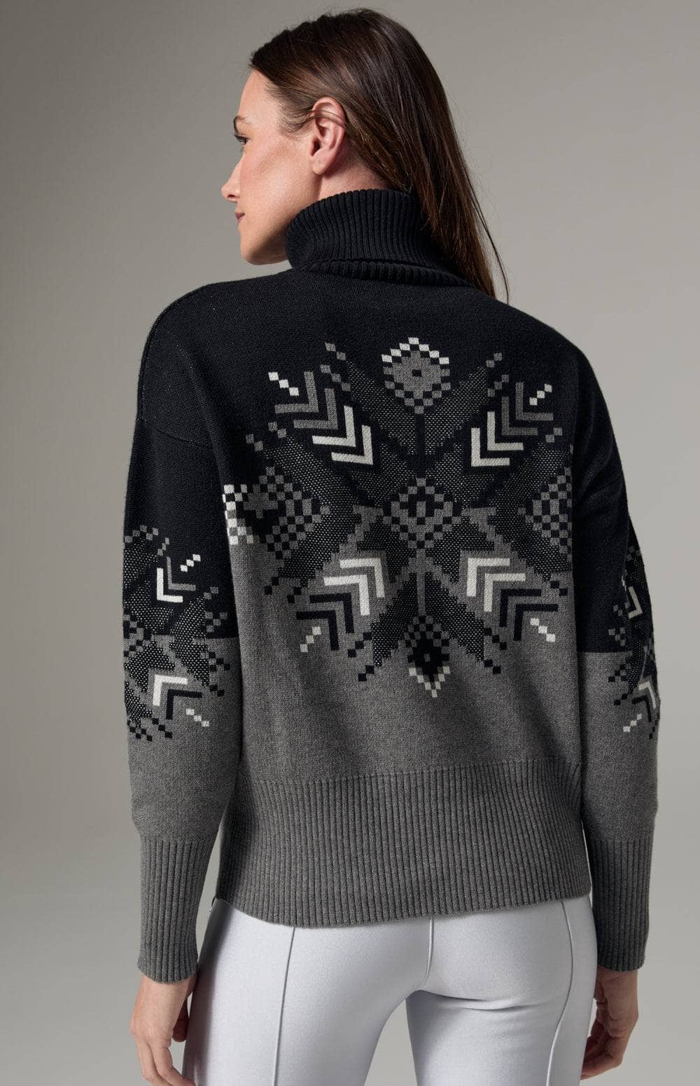 Snowflake Ellis Sweater by Alp N Rock, Women's Mock Neck Black and Grey Ski Sweater with Snowflake Design