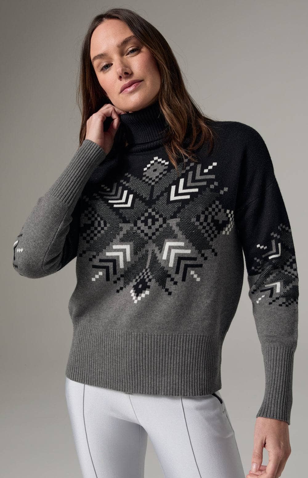 Snowflake Ellis Sweater by Alp N Rock, Women's Mock Neck Black and Grey Ski Sweater with Snowflake Design