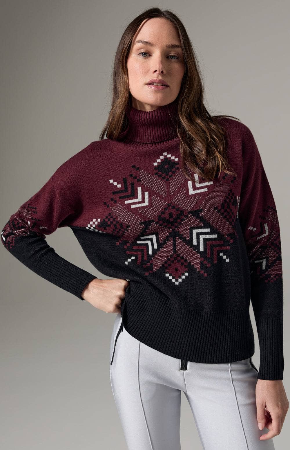 Snowflake Ellis Sweater by Alp N Rock, Women's Mock Neck Burgundy Ski Sweater with Snowflake Design