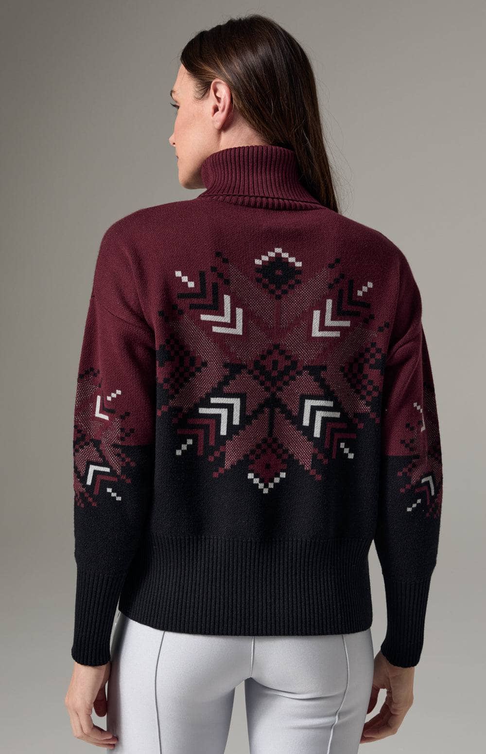 Snowflake Ellis Sweater by Alp N Rock, Women's Mock Neck Burgundy Ski Sweater with Snowflake Design