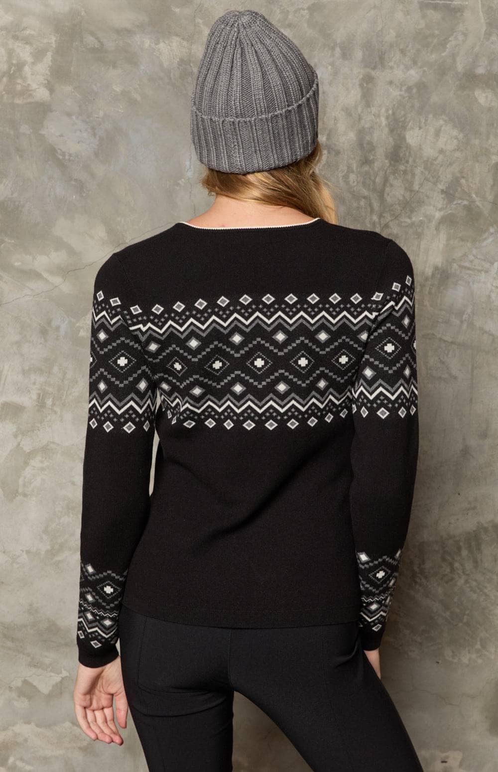 Yvette II Henley Sweater by Alp N Rock, Women's Black Henley Sweater with Gray and White Geometric Pattern