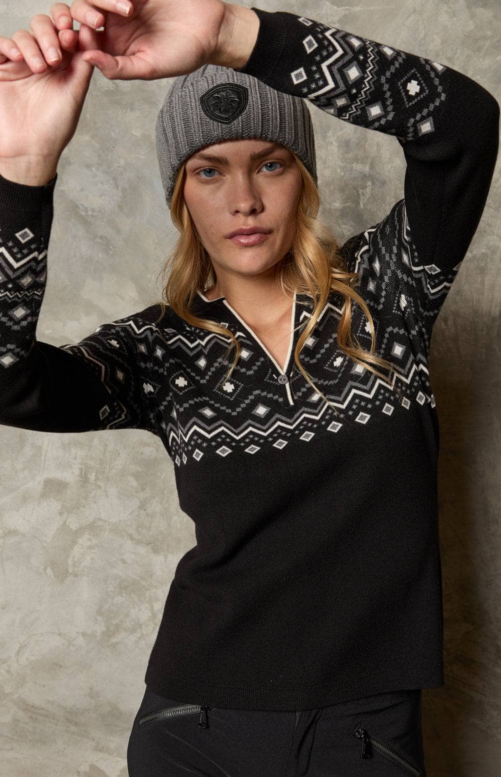 Yvette II Henley Sweater by Alp N Rock, Women's Black Henley Sweater with Gray and White Geometric Pattern