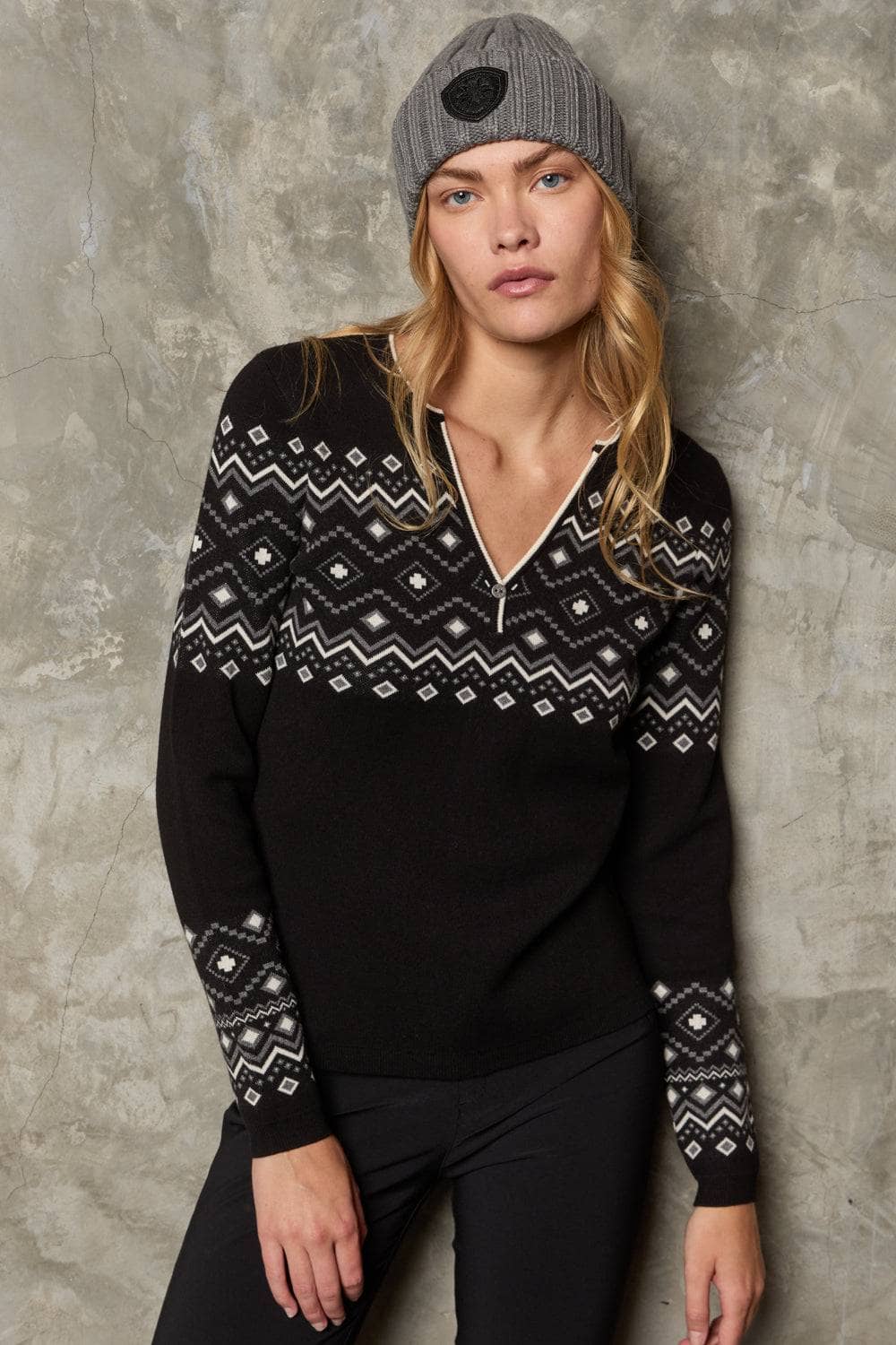 Yvette II Henley Sweater by Alp N Rock, Women's Black Henley Sweater with Gray and White Geometric Pattern