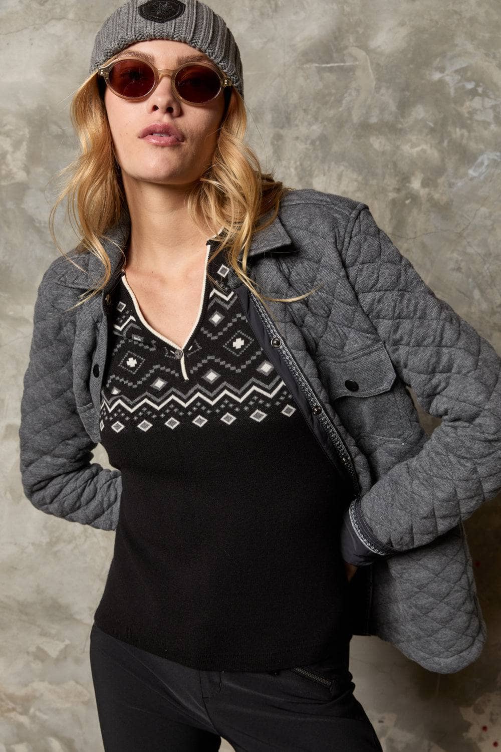 Yvette II Henley Sweater by Alp N Rock, Women's Black Henley Sweater with Geometric Pattern and Quilted Shirt Jacket