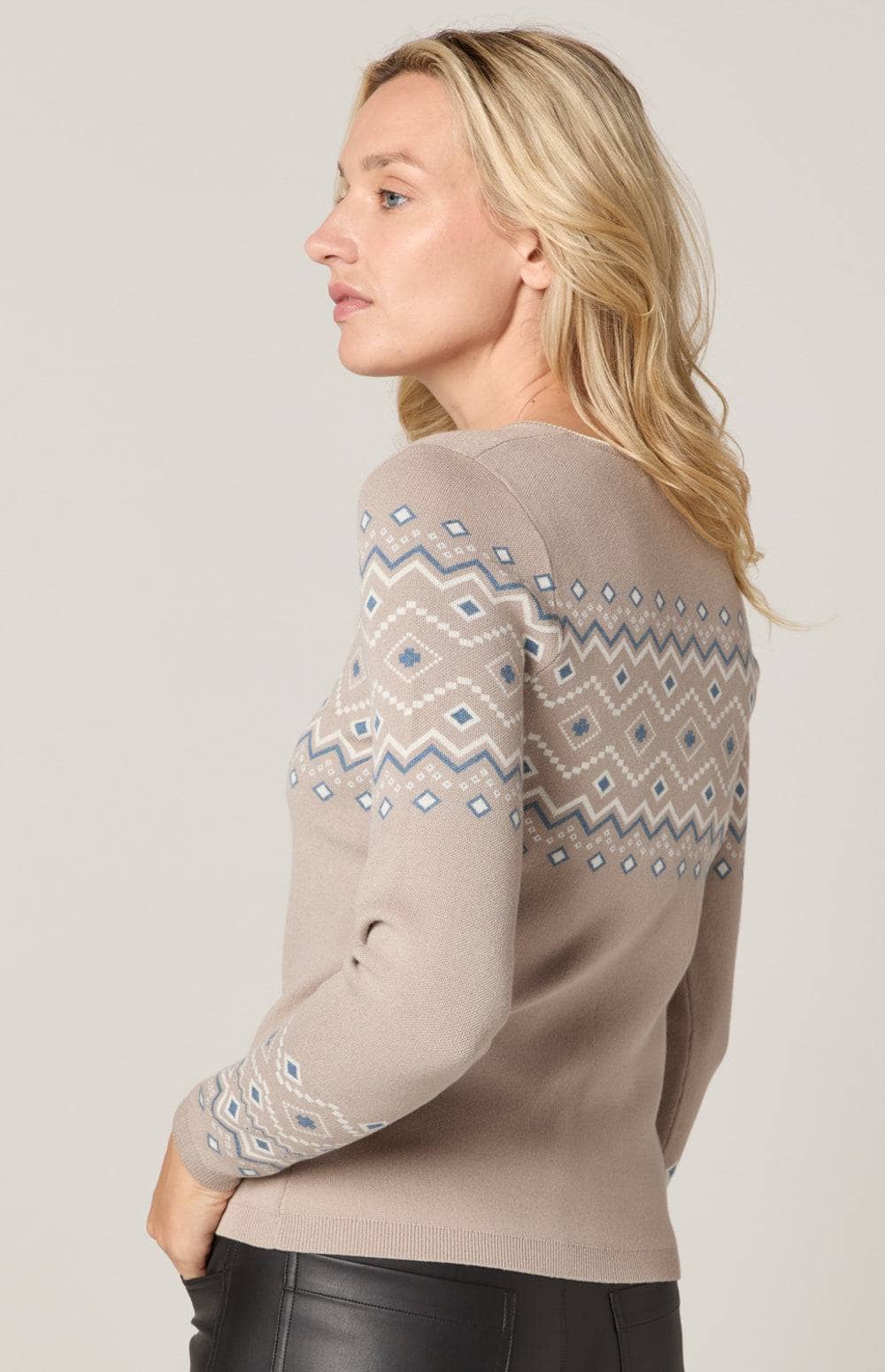 Yvette II Henley Sweater by Alp N Rock, Women's Beige Henley Sweater with Blue and Ivory Geometric Pattern