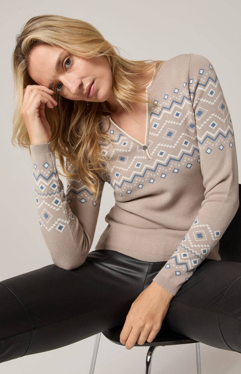 Yvette II Henley Sweater by Alp N Rock, Women's Beige Henley Sweater with Blue and Ivory Geometric Pattern