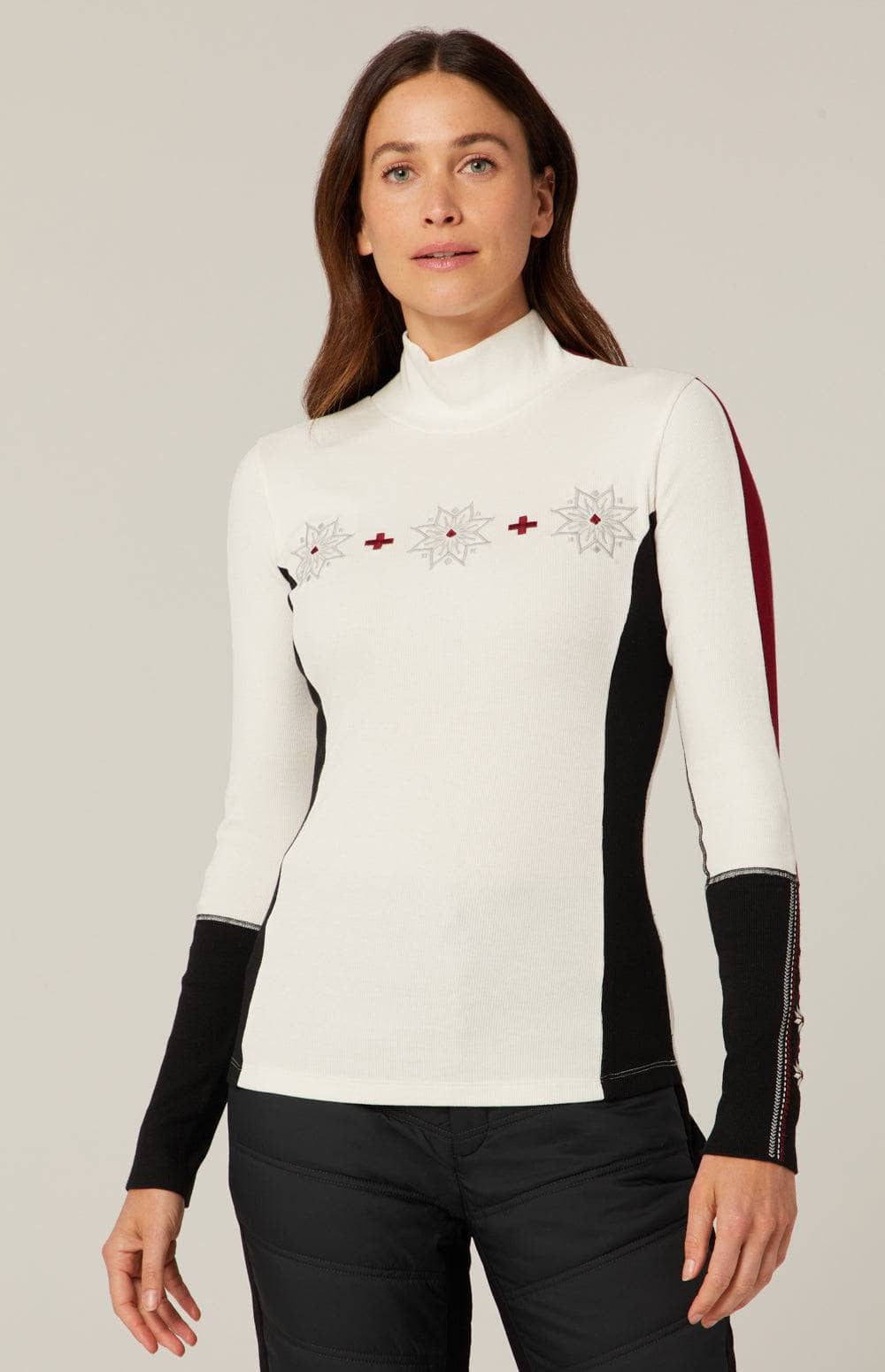 Allison Mockneck by Alp N Rock, Women's Off White Mock Neck Ski Shirt with Embroidered Snowflakes on the Chest and Sleeves