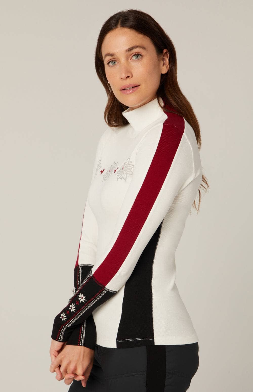 Allison Mockneck by Alp N Rock, Women's Off White Mock Neck Ski Shirt with Embroidered Snowflakes on the Chest and Sleeves