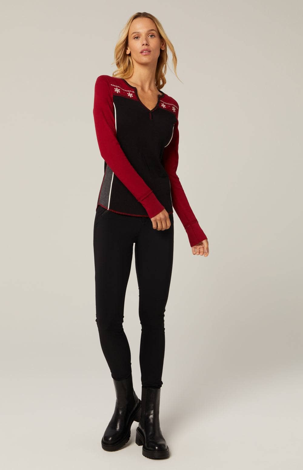 Anja Henley Shirt by Alp N Rock, Women's Black and Red Henley Shirt with Colorblock Details and Ski Patches